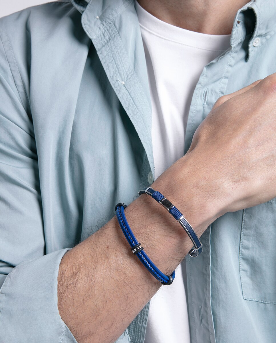 Pulseira Magnum de Pele Azul, Cabo e Detalhes de Aço com Cordão Azul Azul / Cinzento-2