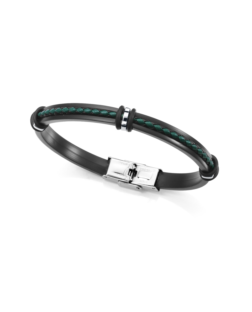 Pulseira Magnum de Silicone em Preto, Pele Entrançada em Preto e Verde com Motivos de Aço Preto / Verde-1