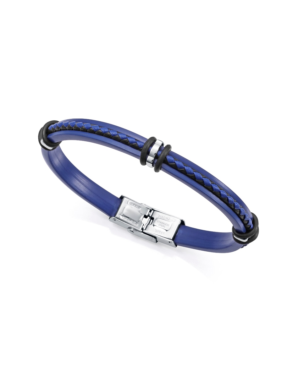 Pulseira Magnum de Silicone Azul, Pele Entrançada em Preto e Azul com Motivos de Aço Azul / Preto-1