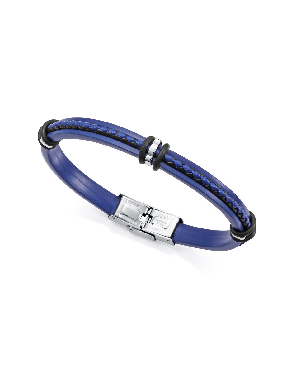 Pulseira Magnum de Silicone Azul, Pele Entrançada em Preto e Azul com Motivos de Aço Azul / Preto-2