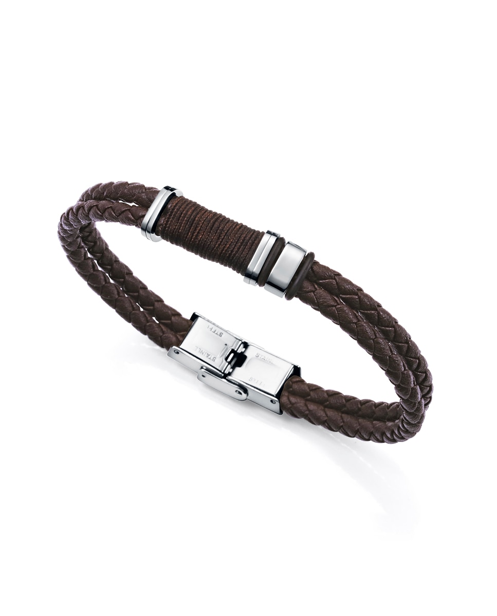 Pulseira Dupla Magnum de Pele Castanha Entrançada, com Motivo de Cordão Castanho e Aço Castanho-1