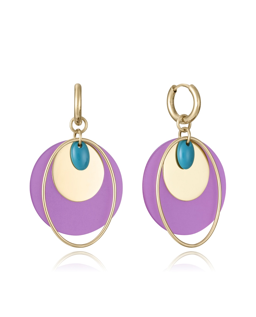 Brincos Chic de Aço Ip Dourado, com Argola Pendente, Círculo Acrílico Roxo e Pedra Turquesa Roxo / Verde claro-1