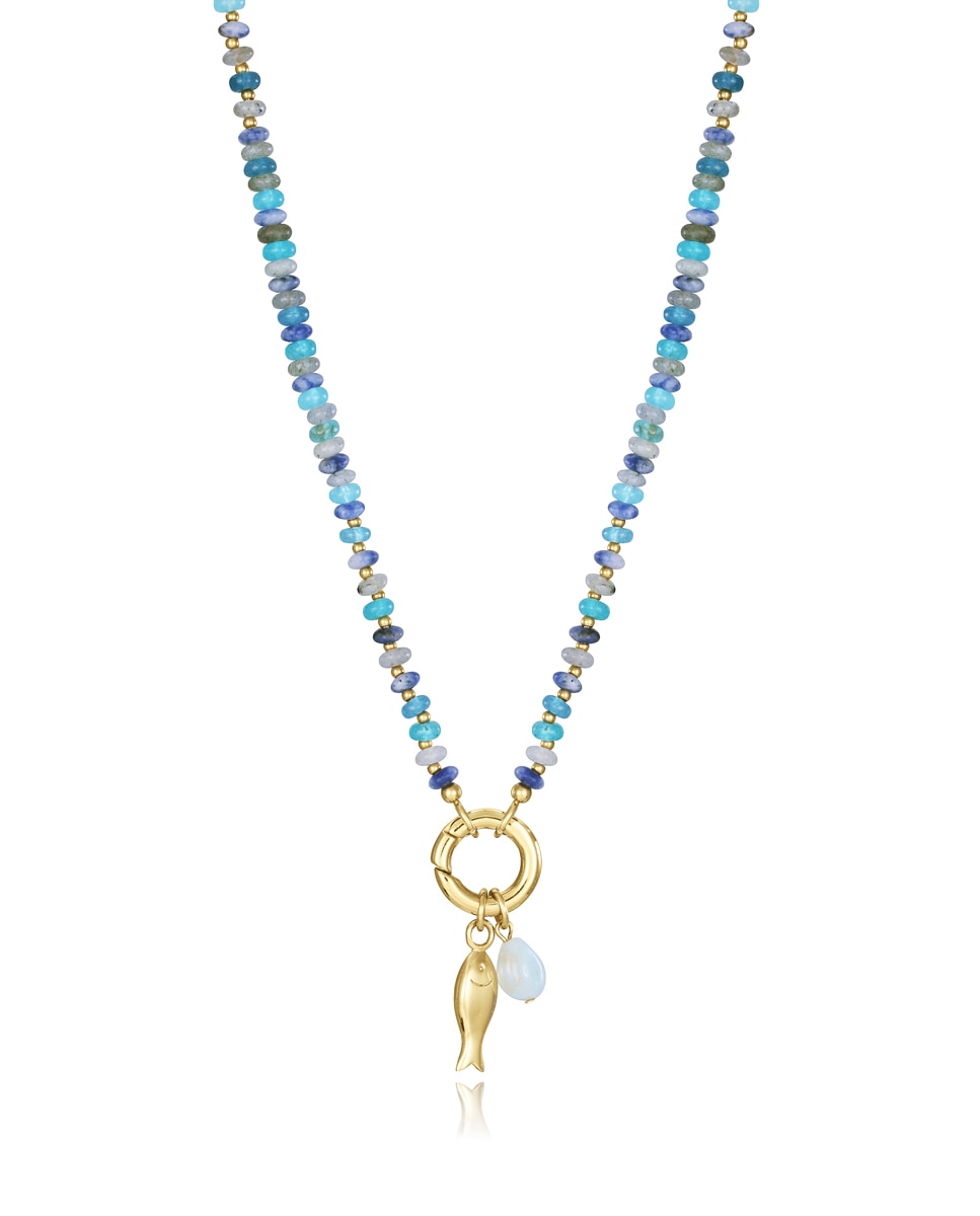 Colar Chic de Aço Ip Dourado, Pedras Naturais e Pendente de Peixe Dourado Multicolor-1