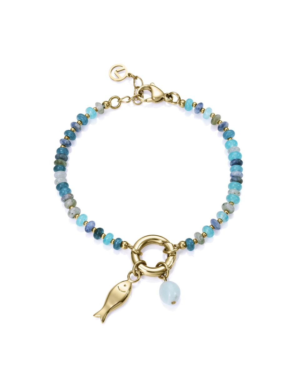 Pulseira Chic de Aço Ip Dourado, Pedras Naturais e Pendente de Peixe Dourado Multicolor-1