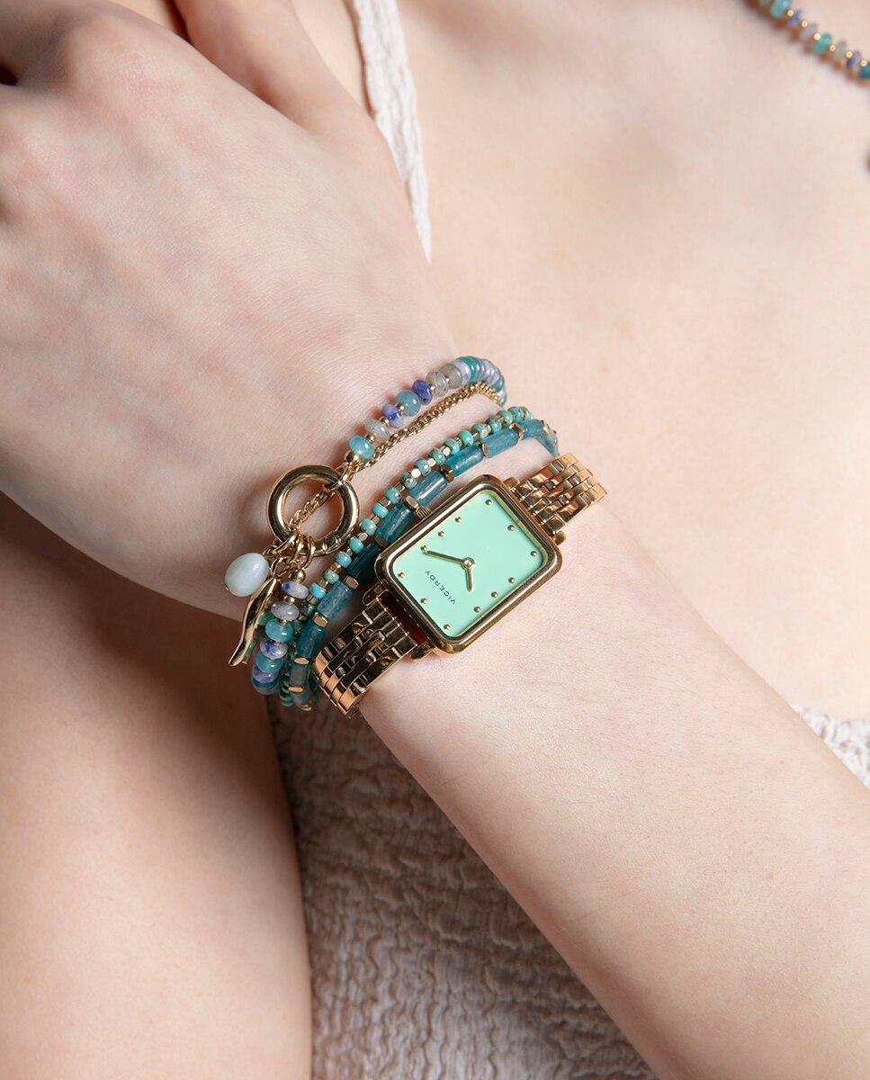 Pulseira Chic de Aço Ip Dourado, Pedras Naturais e Pendente de Peixe Dourado Multicolor-2