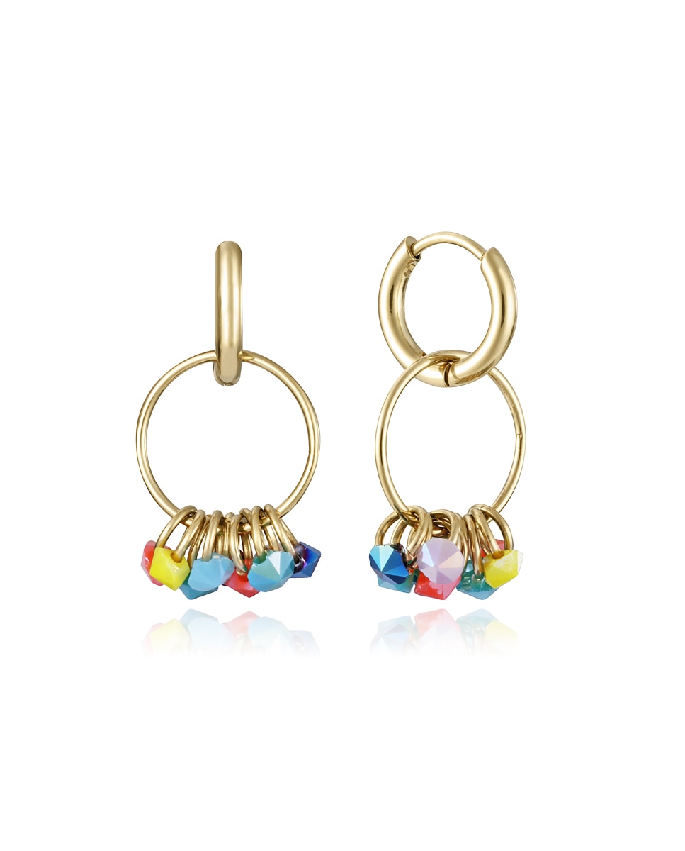 Brincos Chic de Aço Ip Dourado, Pendente de Argola com Cristais de Cores Multicolor-1