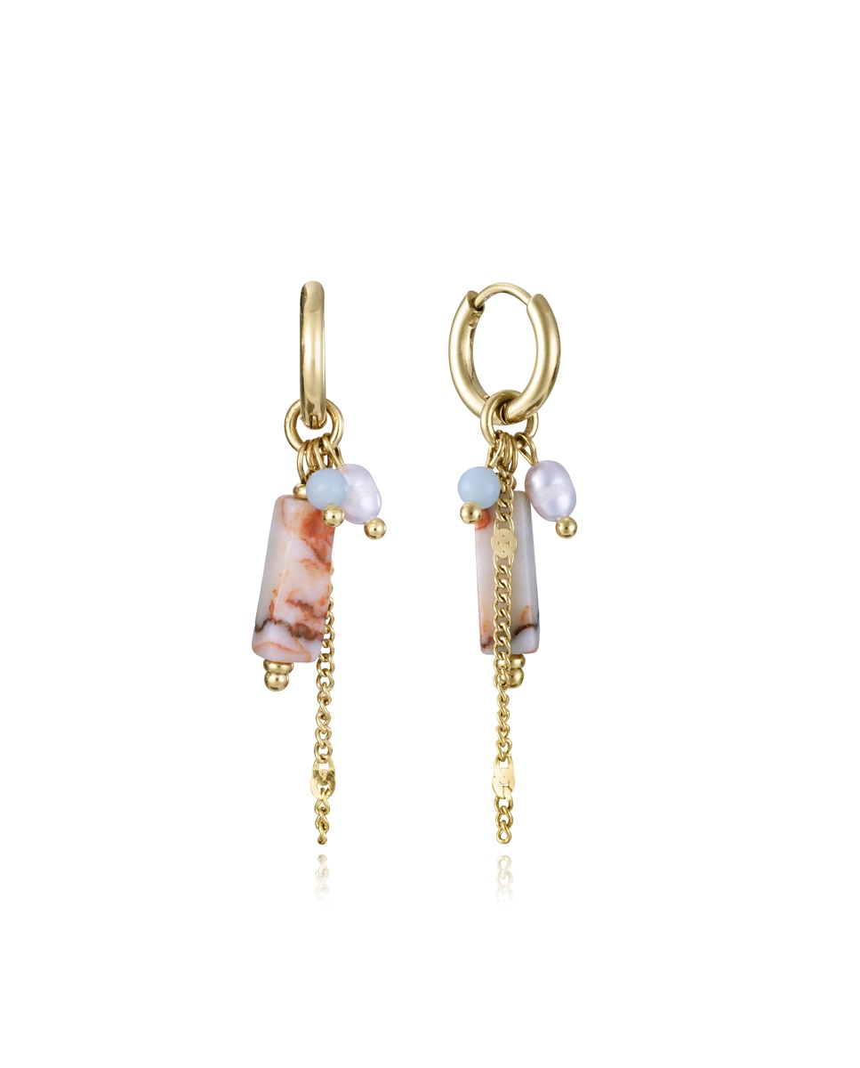 Brincos Chic de Aço Ip Dourado, Argola com Pedras Naturais e Pérola Cultivada Multicolor-1