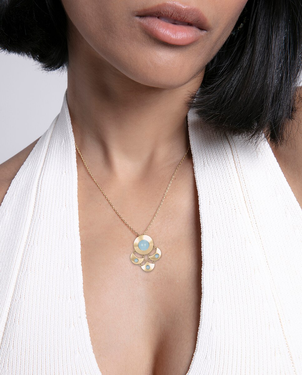 Colar Chic de Aço Ip Dourado, com Pendentes com Cristal Azul Azul / Bege-2