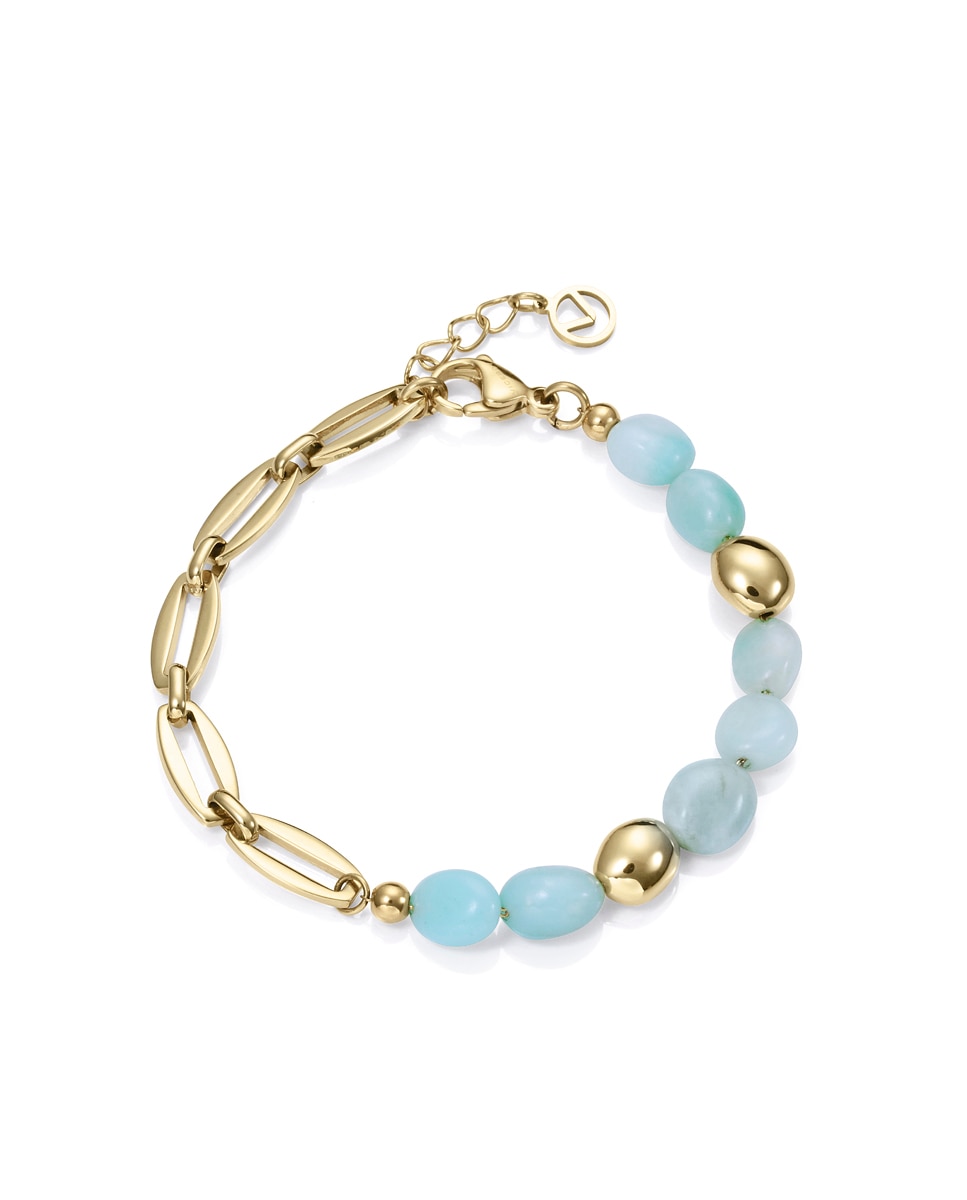 Pulseira Chic de Aço Ip Dourado, com Pedras Amazonitas Naturais Verde-azulado-1
