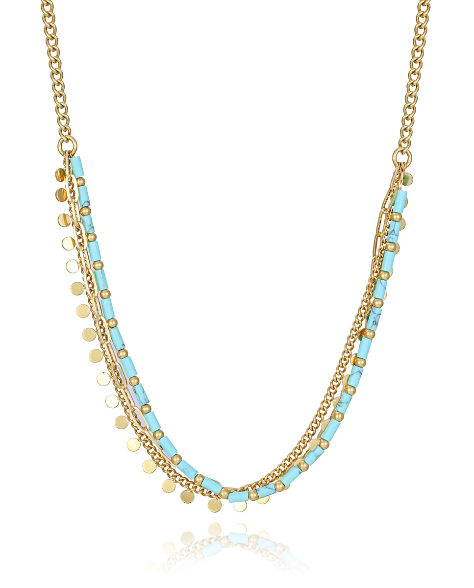 Colar Chic de Aço Ip Dourado, Corrente e Pedras Azuis Azul-1