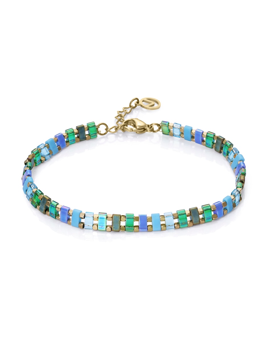 Pulseira Chic de Aço Ip Dourado, com Cristais de Cores Azuis e Verde Multicolor-1