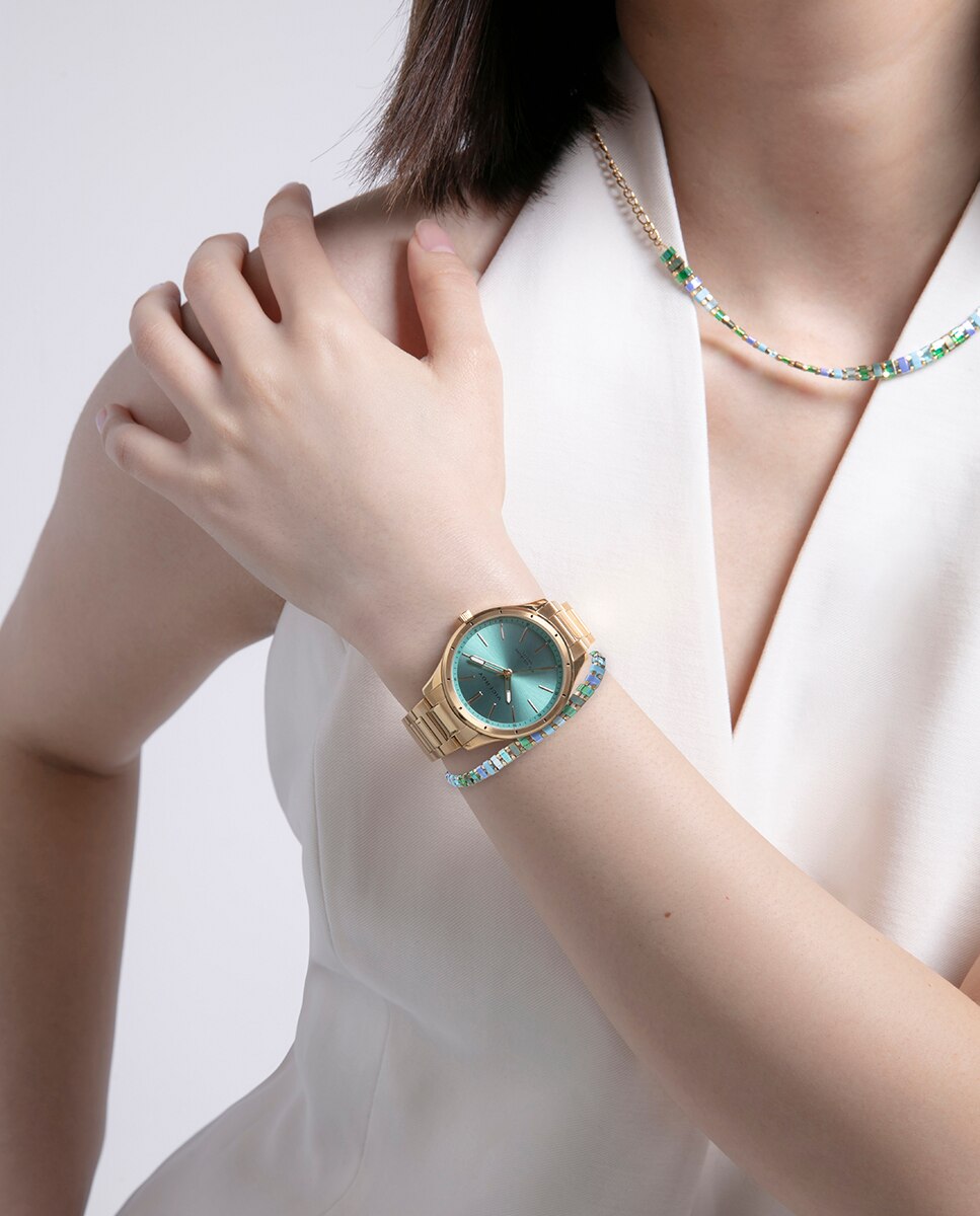 Pulseira Chic de Aço Ip Dourado, com Cristais de Cores Azuis e Verde Multicolor-2