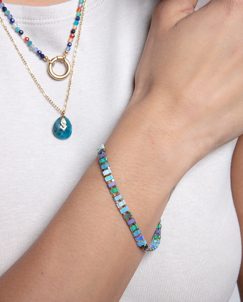 Pulseira Chic de Aço Ip Dourado, com Cristais de Cores Azuis e Verde Multicolor-3