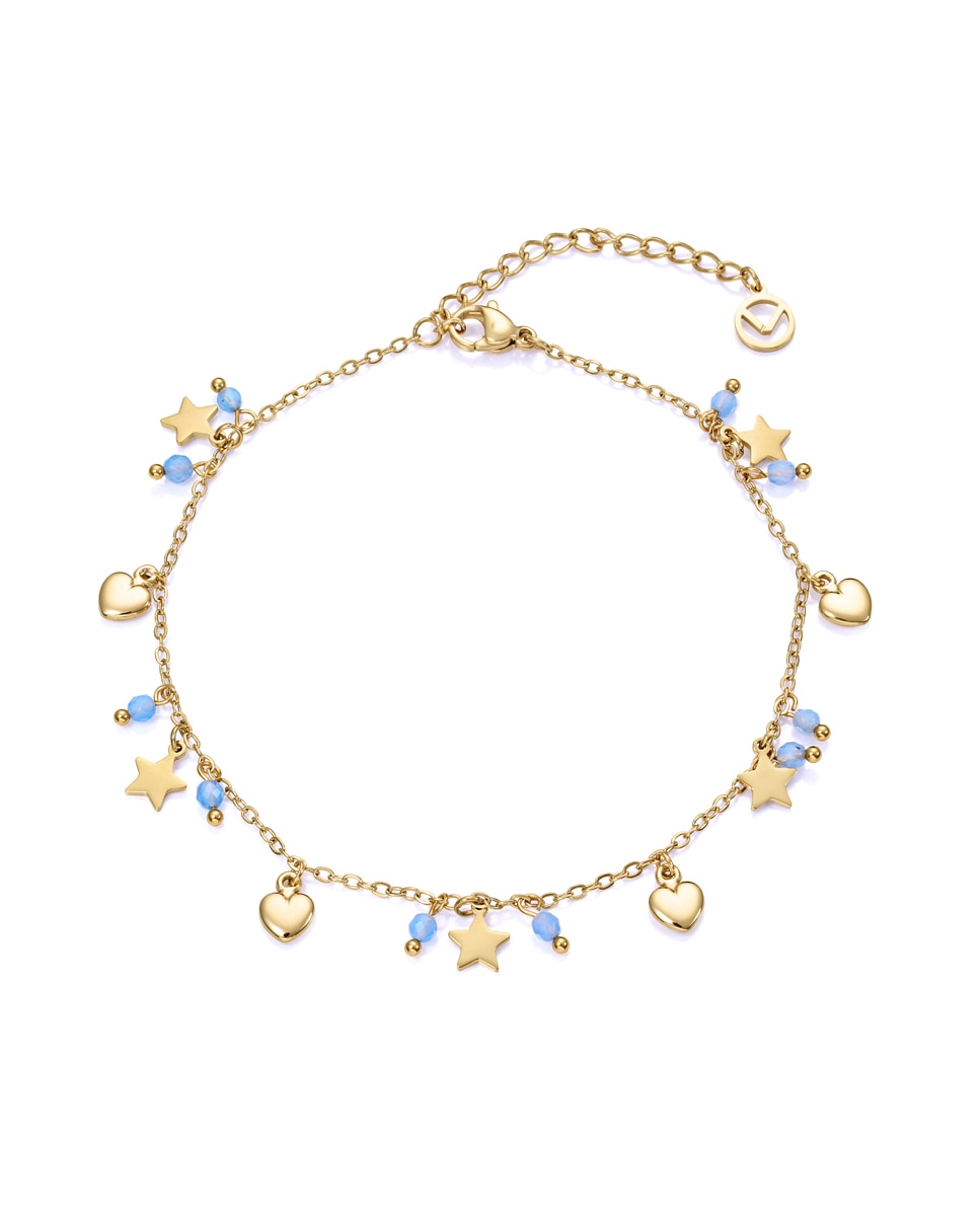 Imagem 0 de Tornozeleira Kiss de Aço Ip Dourado com Pedras e Pendentes de Estrelas e Corações