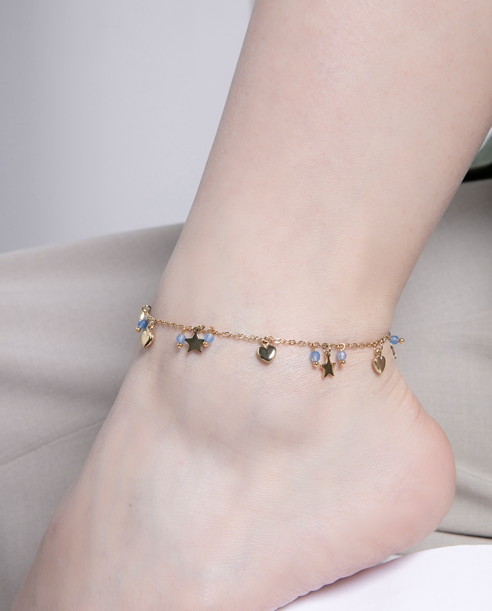 Tornozeleira Kiss de Aço Ip Dourado com Pedras e Pendentes de Estrelas e Corações Azul-2