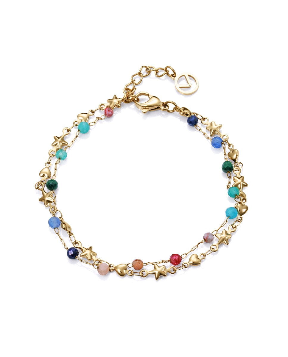Pulseira Kiss de Aço Ip Dourado Dupla, com Pedras Naturais de Cores Multicolor-1