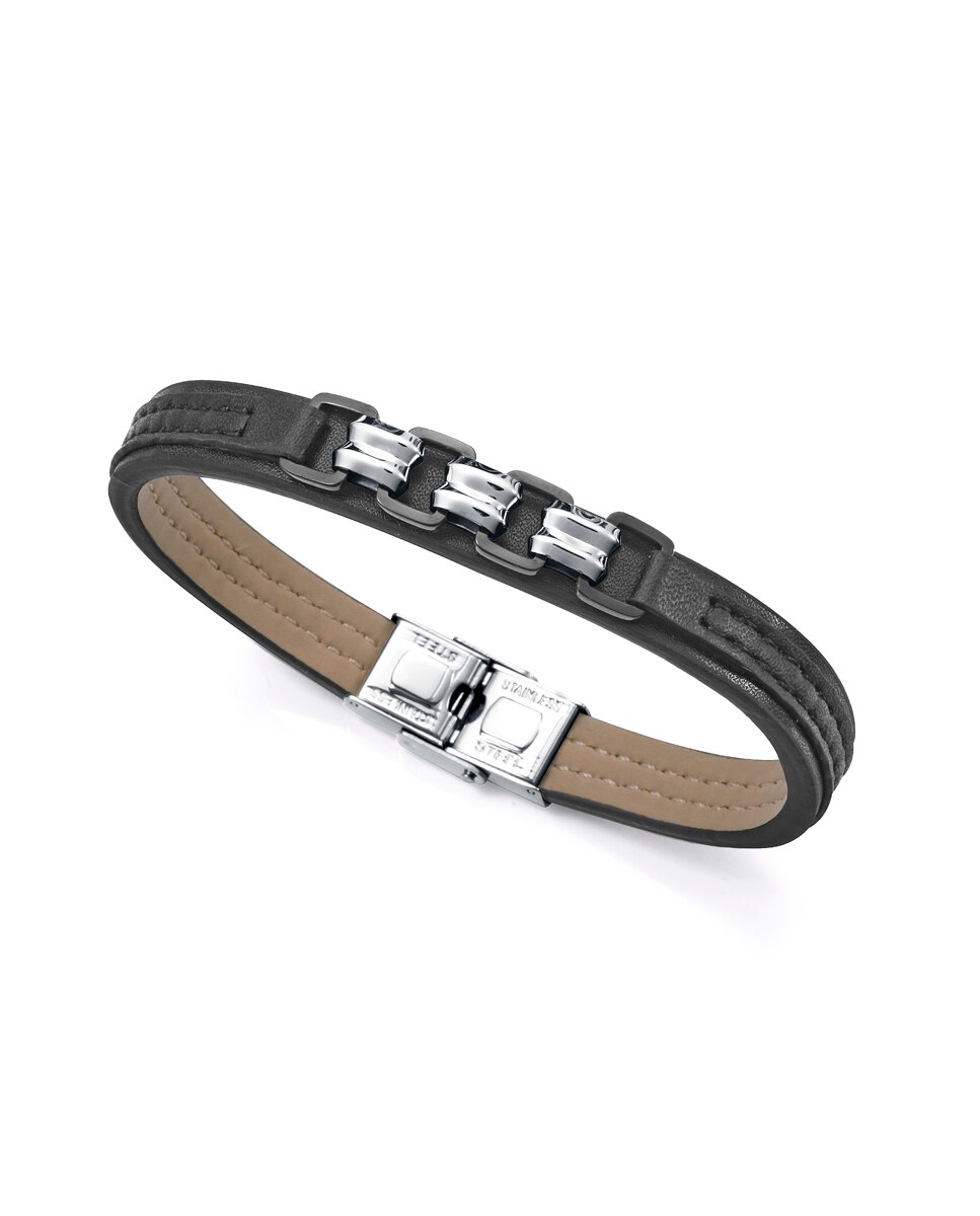 Pulseira Magnum de Pele em Preto, com Corrente Bicolor de Aço e Ip em Preto Preto / Crómio-1