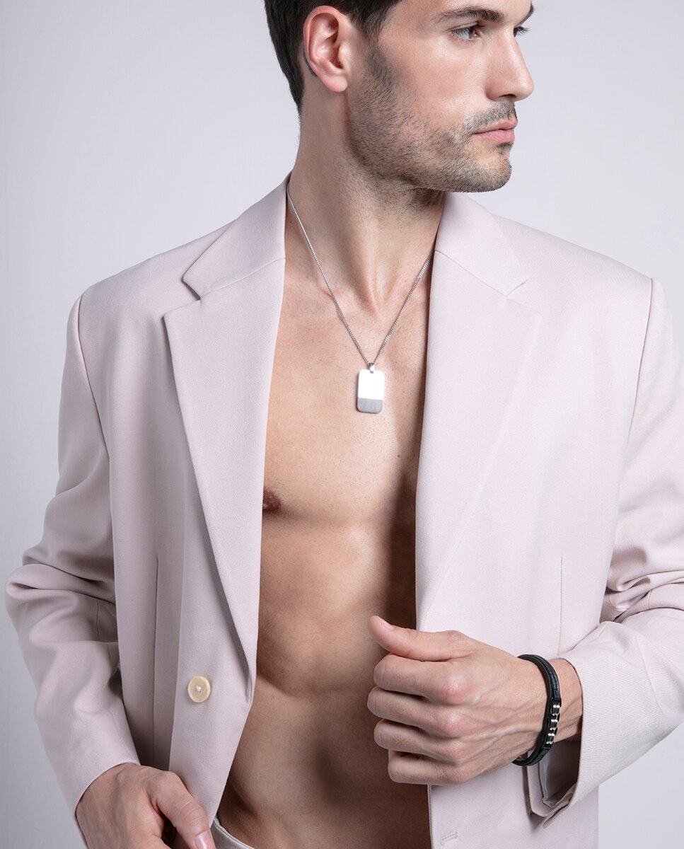 Pulseira Magnum de Pele em Preto, com Corrente Bicolor de Aço e Ip em Preto Preto / Crómio-2