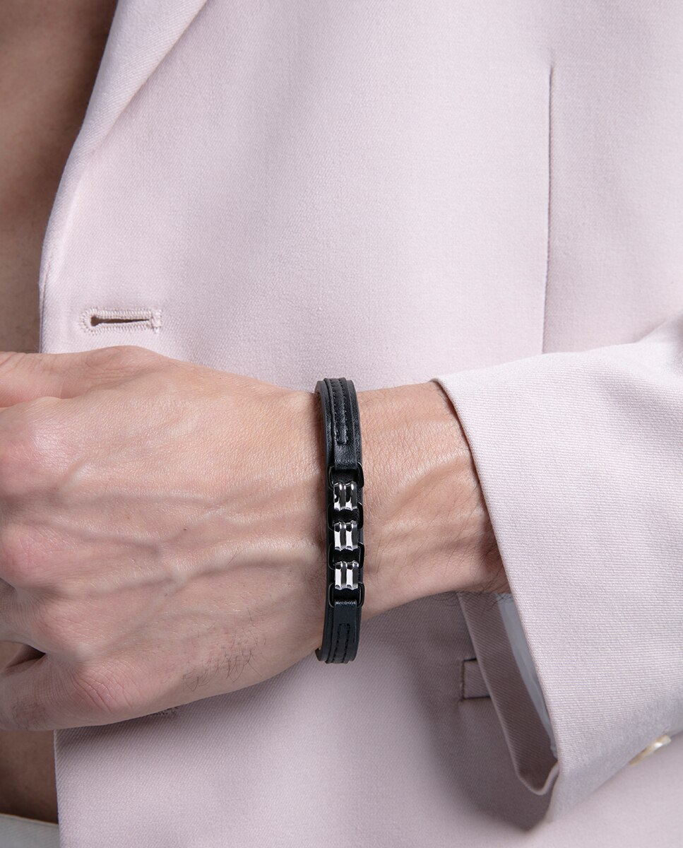 Pulseira Magnum de Pele em Preto, com Corrente Bicolor de Aço e Ip em Preto Preto / Crómio-3
