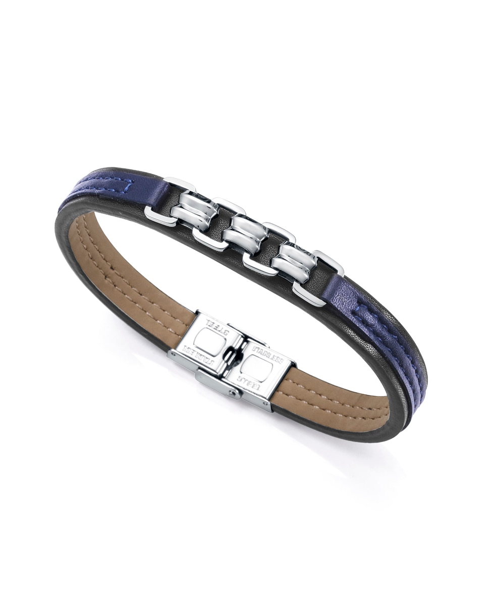 Pulseira Magnum de Pele em Azul com Corrente de Aço Azul / Preto-1