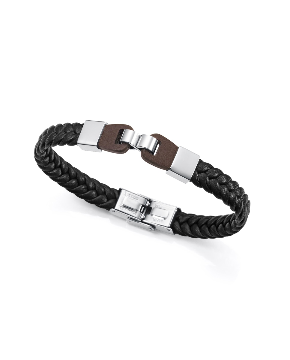 Pulseira de Magnum de Pele Preta Entrançada e Detalhes de Aço Preto-1