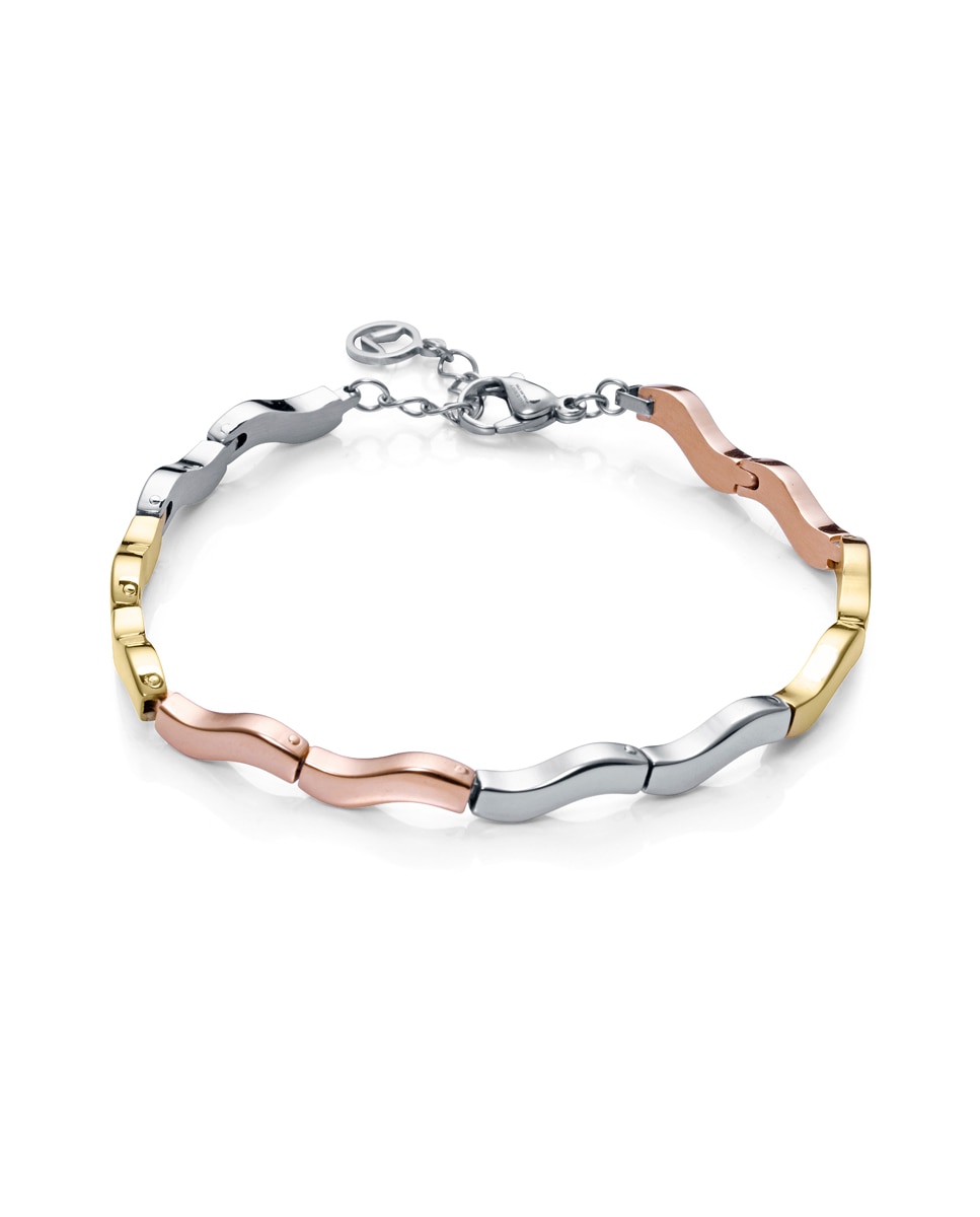 Pulseira com Elos Chic de Aço em Três Tons, Ondas em Aço, Ip Dourado e Rosa Multicolor-1