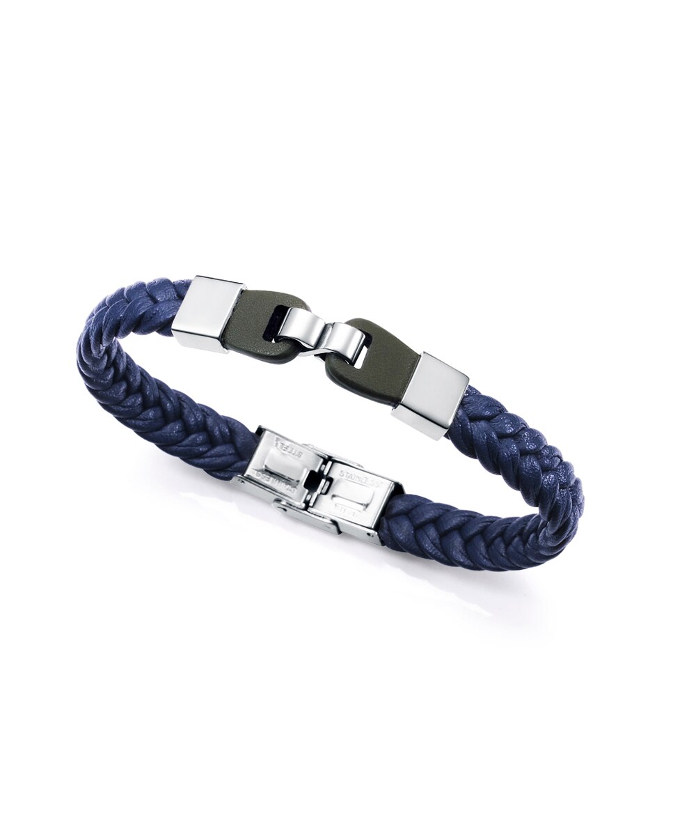 Pulseira de Magnum de Pele Azul Entrançada e Detalhes de Aço Azul / Preto-2