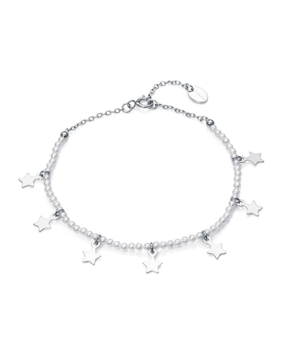 Pulseira Trend de Prata de Lei com Banho de Ródio, Pérolas Sintéticas e Estrelas Branco-1