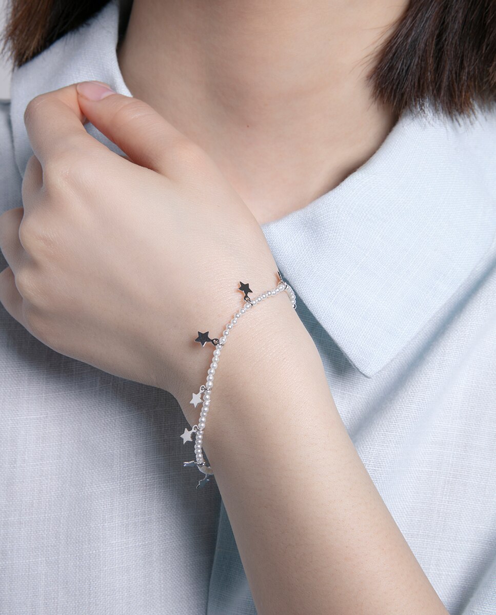 Pulseira Trend de Prata de Lei com Banho de Ródio, Pérolas Sintéticas e Estrelas Branco-2