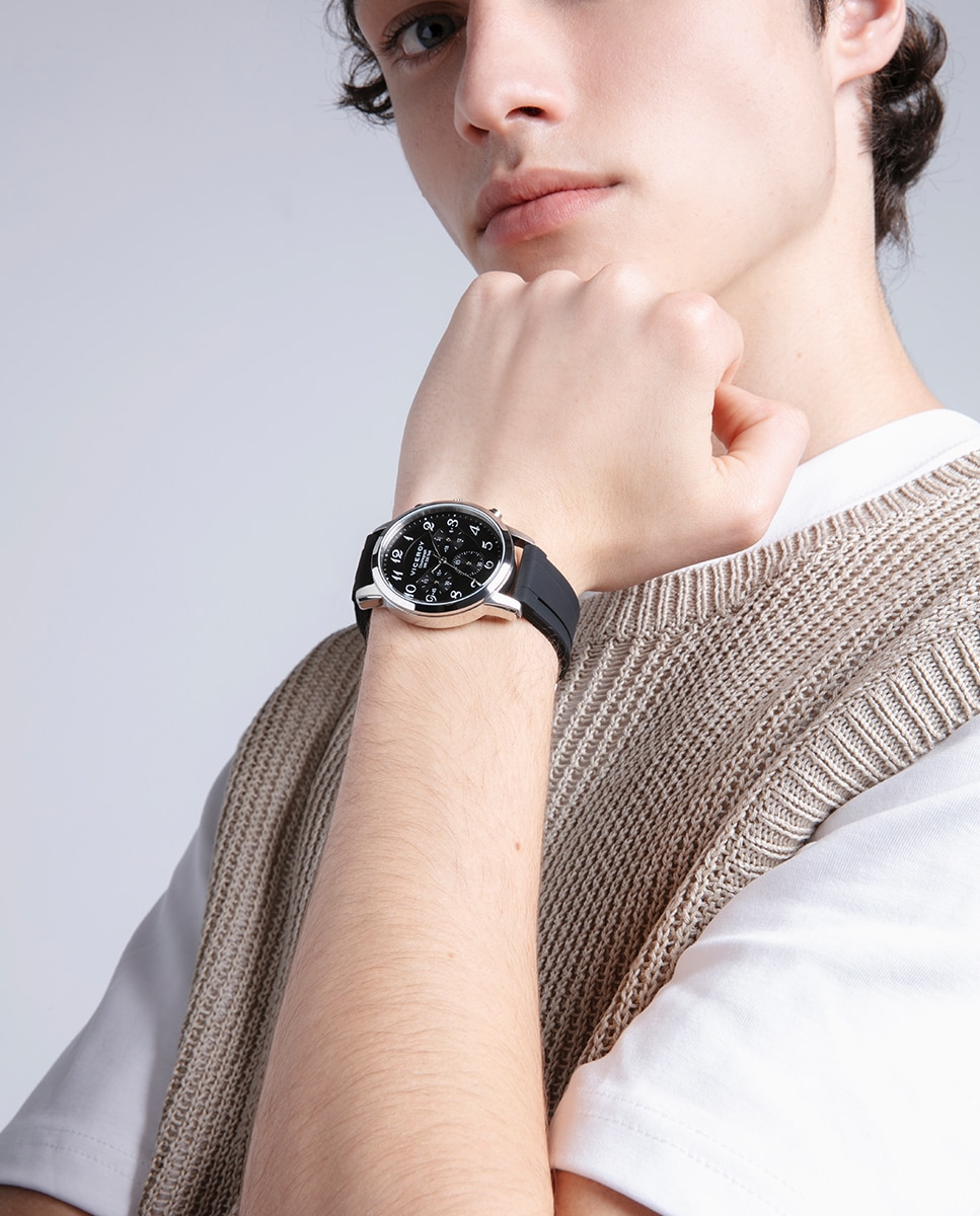 Relógio Analógico Grand com Caixa de Aço e Bracelete de Silicone em Preto Prata-3