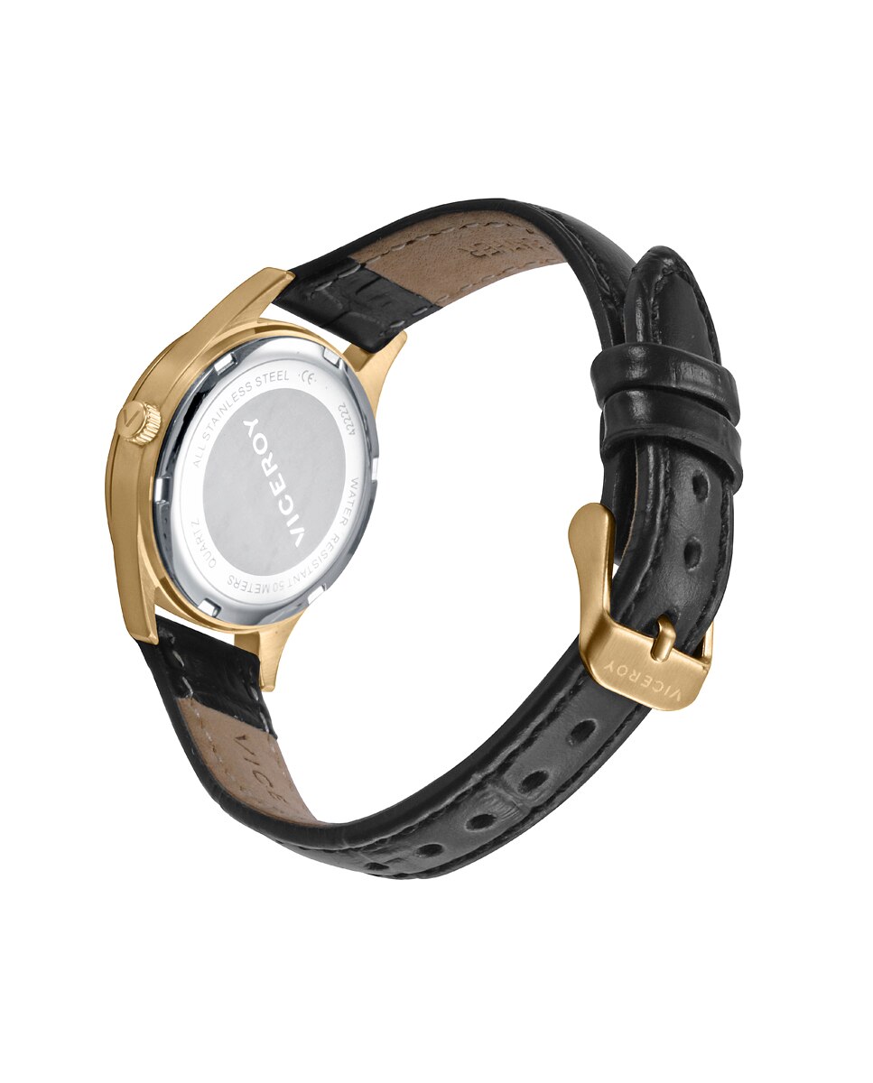 Relógio Analógico Grand com Caixa de Aço em Ip Dourado e Bracelete de Pele em Preto Dourado-2