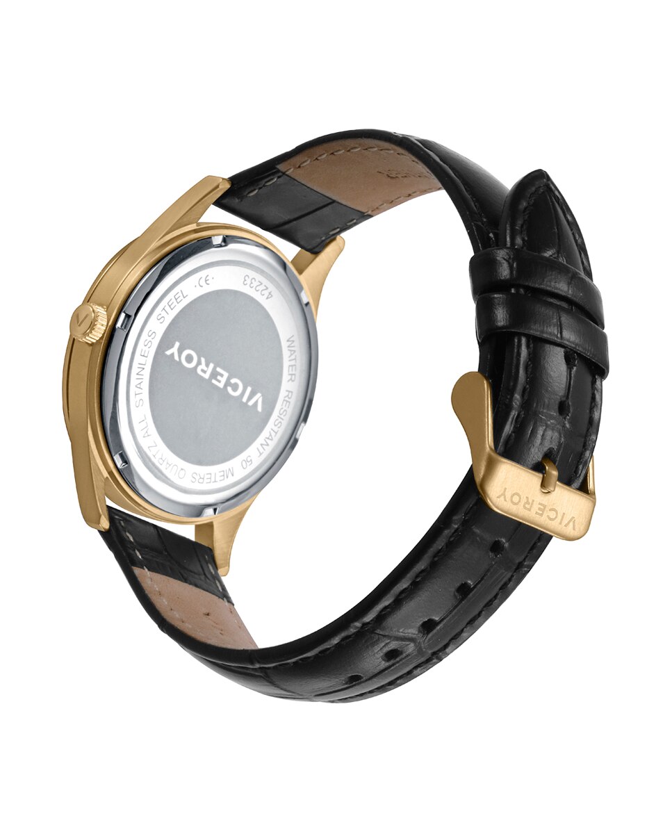 Relógio Analógico Grand com Caixa de Aço em Ip Dourado e Bracelete de Pele em Preto Dourado-2