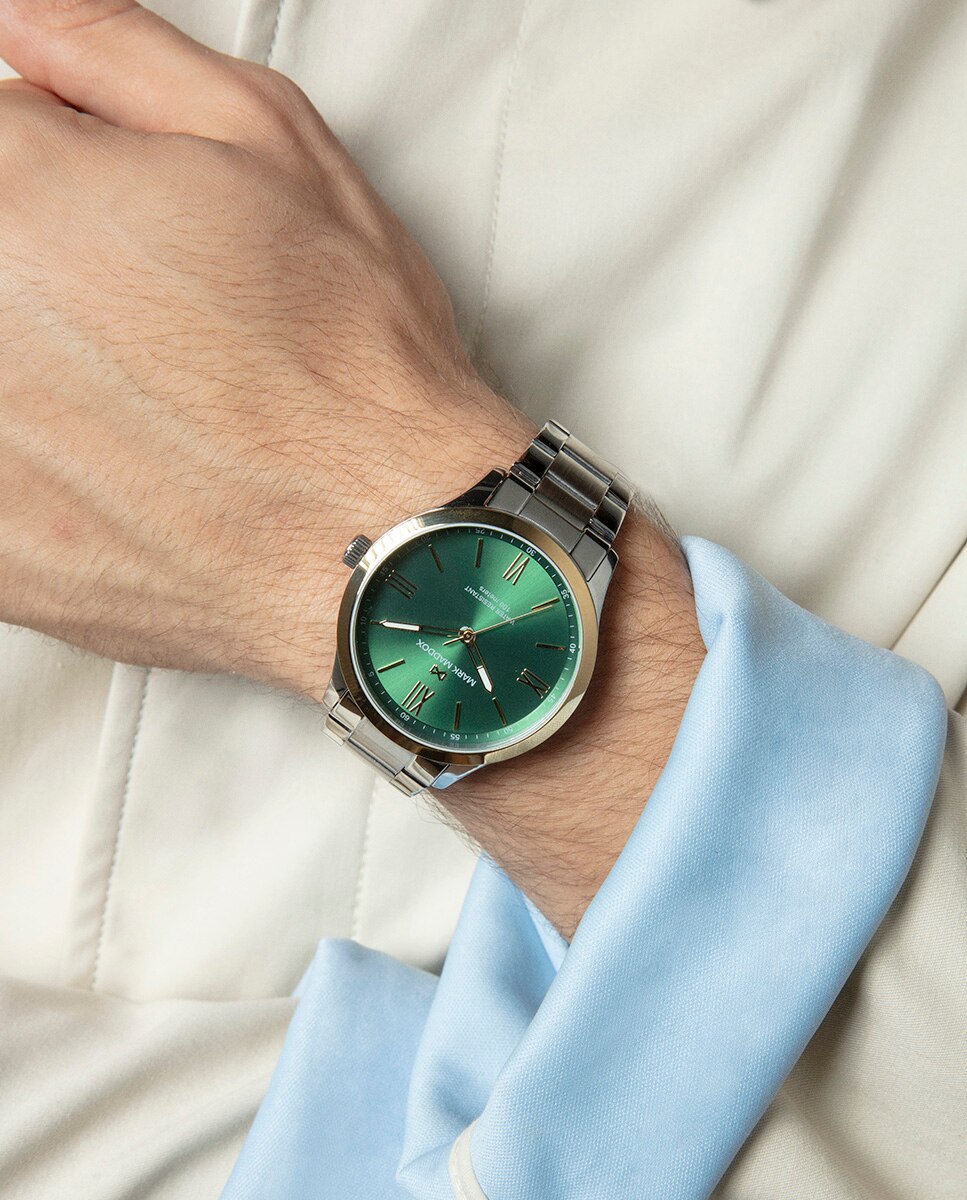 Relógio Analógico Marais Caixa Bicolor de Aço e Ip Dourado e Bracelete de Aço Verde-3