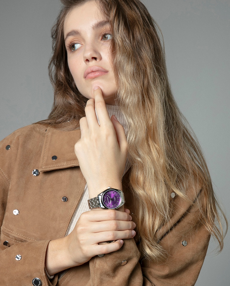 Relógio Analógico Marais com Caixa e Bracelete de Aço Roxo-3