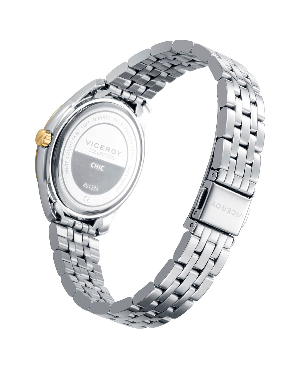 Relógio Analógico Chic Caixa Bicolor de Aço Ip Dourado com Bracelete de Aço Prata-2