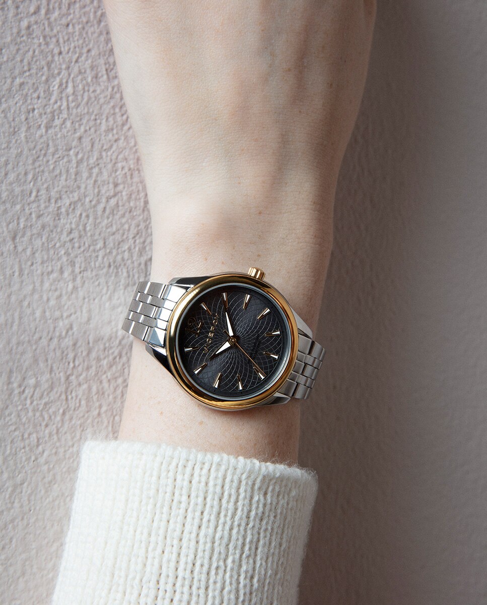 Relógio Analógico Chic Caixa Bicolor de Aço Ip Dourado com Bracelete de Aço Prata-3