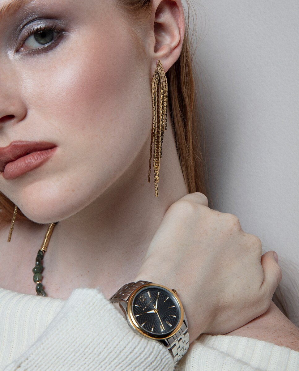 Relógio Analógico Chic Caixa Bicolor de Aço Ip Dourado com Bracelete de Aço Prata-4