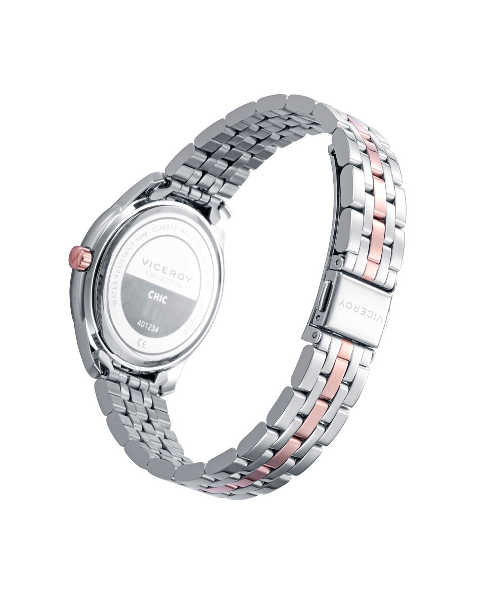 Relógio Analógico Chic Caixa e Bracelete Bicolor de Aço e Ip Rosa Prata / Rosa-2