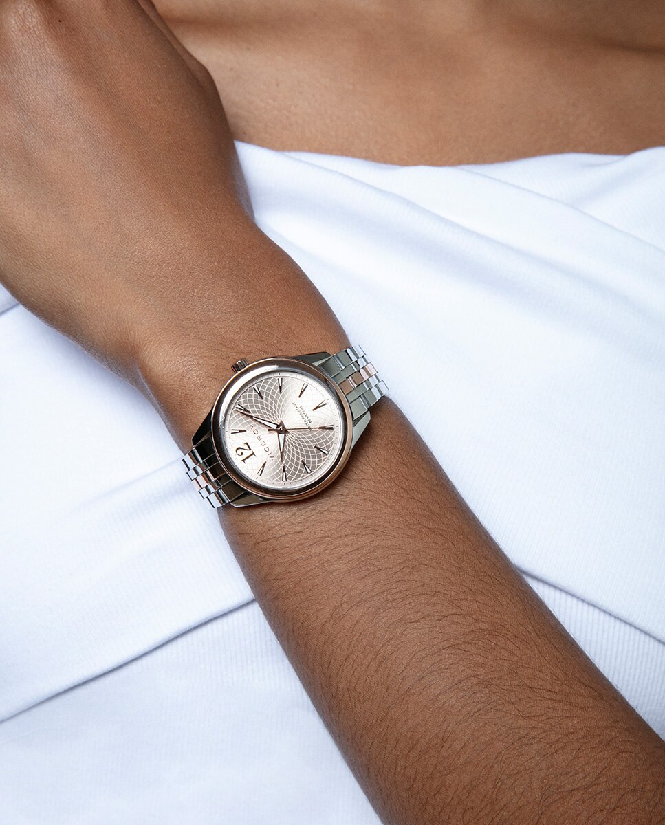 Relógio Analógico Chic Caixa e Bracelete Bicolor de Aço e Ip Rosa Prata / Rosa-3