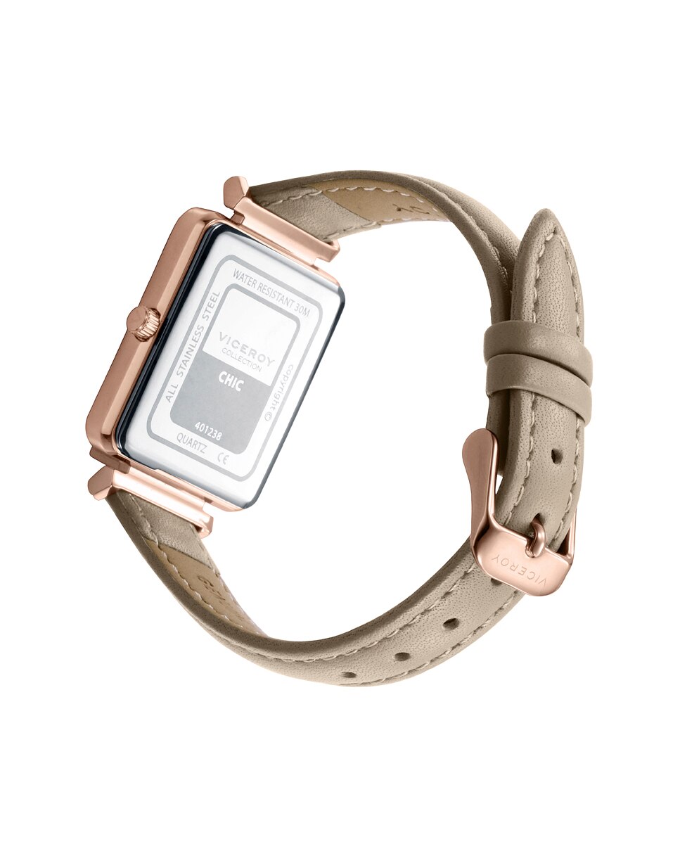 Relógio Analógico Chic Caixa de Aço Ip Rosa e Bracelete de Pele Bege Cinzento-2