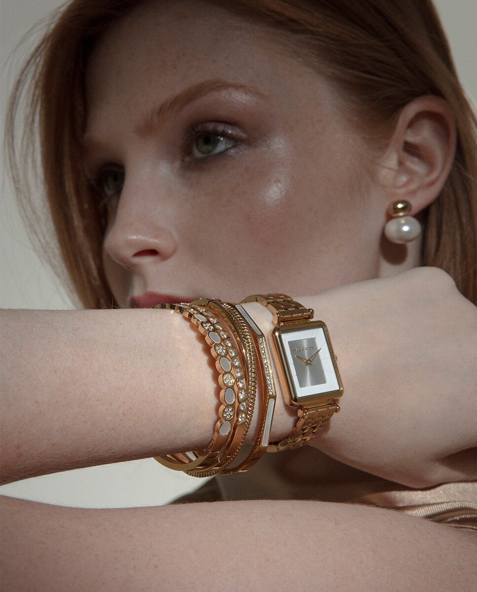 Relógio Analógico Chic Caixa e Bracelete de Aço e Ip Dourado Dourado-4
