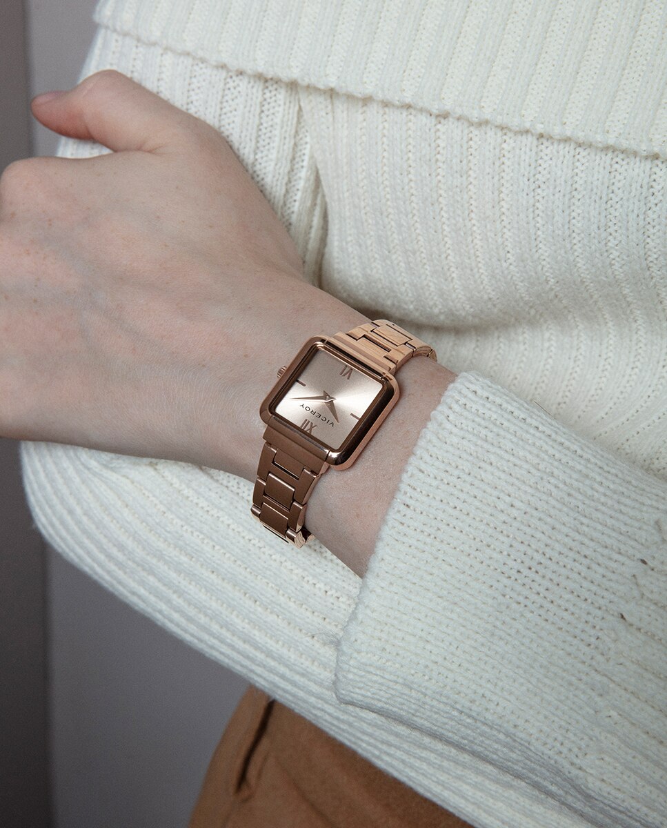 Relógio Analógico Chic com Caixa e Bracelete Ip Rosa Dourado-4