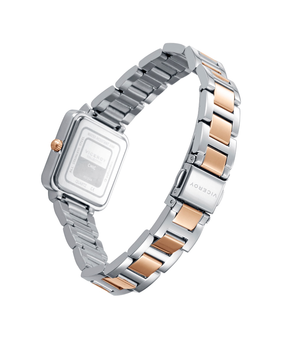 Relógio Analógico Chic Caixa e Bracelete Bicolor de Aço e Ip Rosa Prata-2