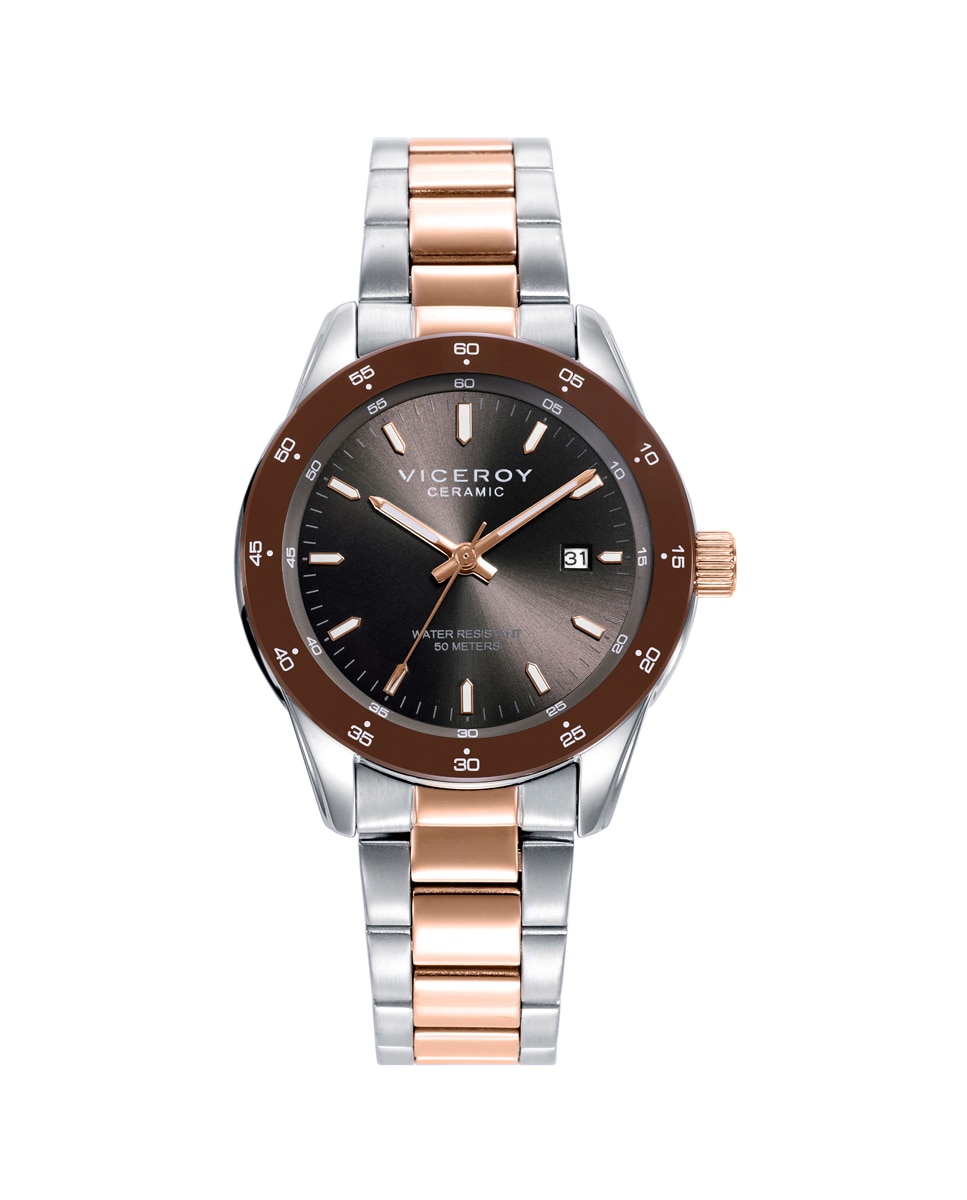 Relógio Analógico Magnum com Caixa de Aço e Bisel Cerâmico Preto com Bracelete Bicolor Castanho-1