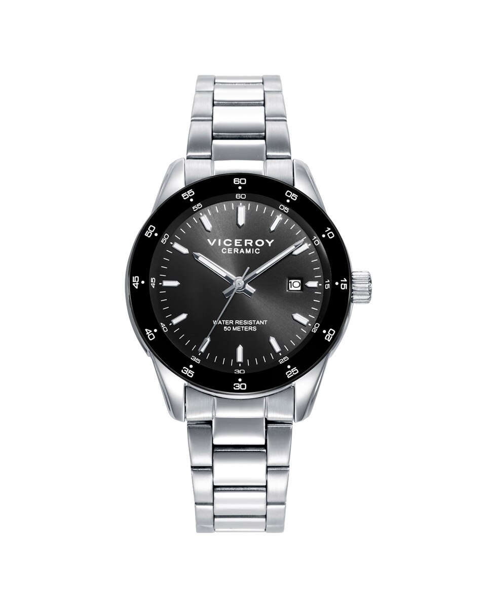 Relógio Analógico Magnum com Caixa de Aço e Bisel Cerâmico em Preto com Bracelete de Aço Prata-1
