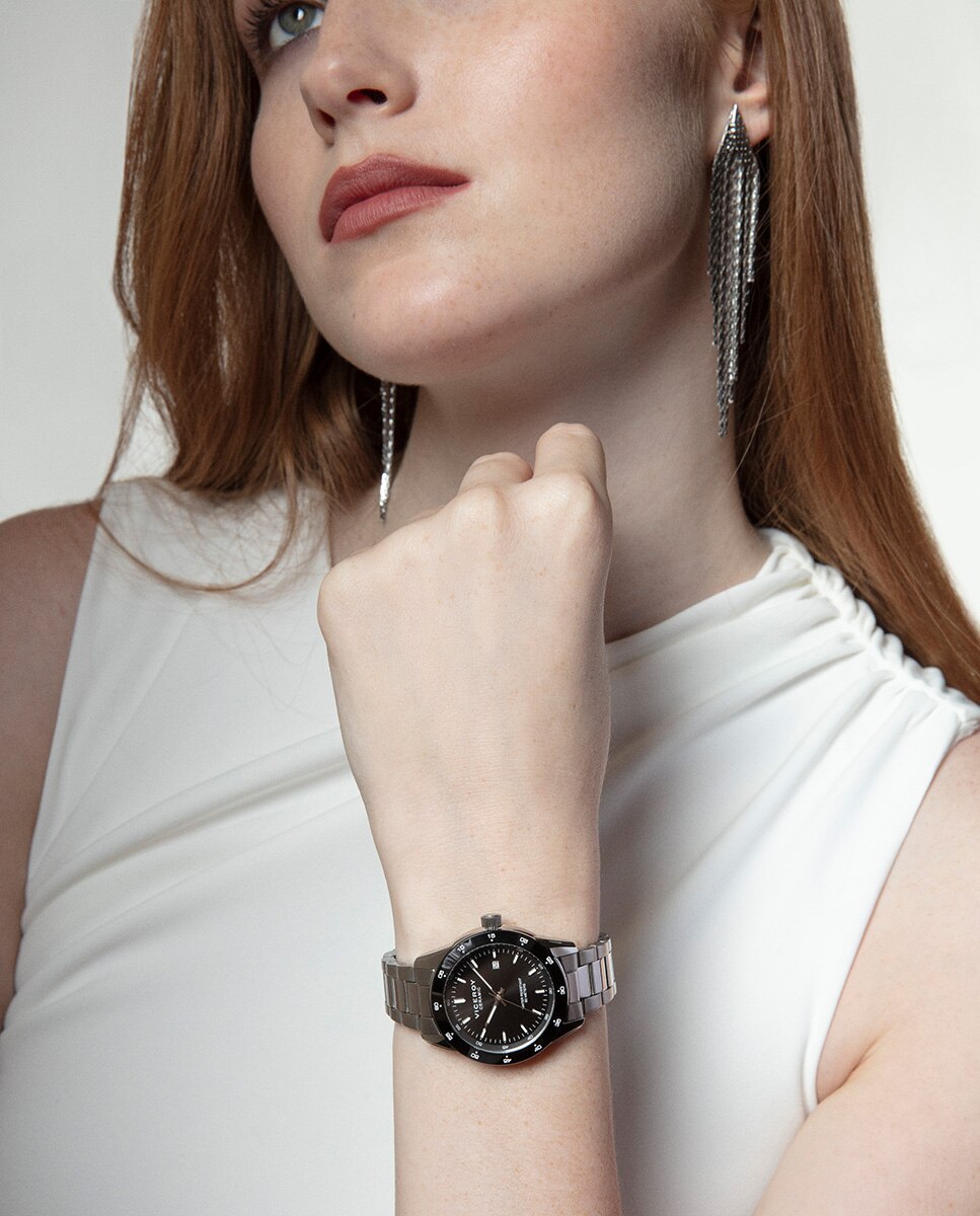 Relógio Analógico Magnum com Caixa de Aço e Bisel Cerâmico em Preto com Bracelete de Aço Prata-3
