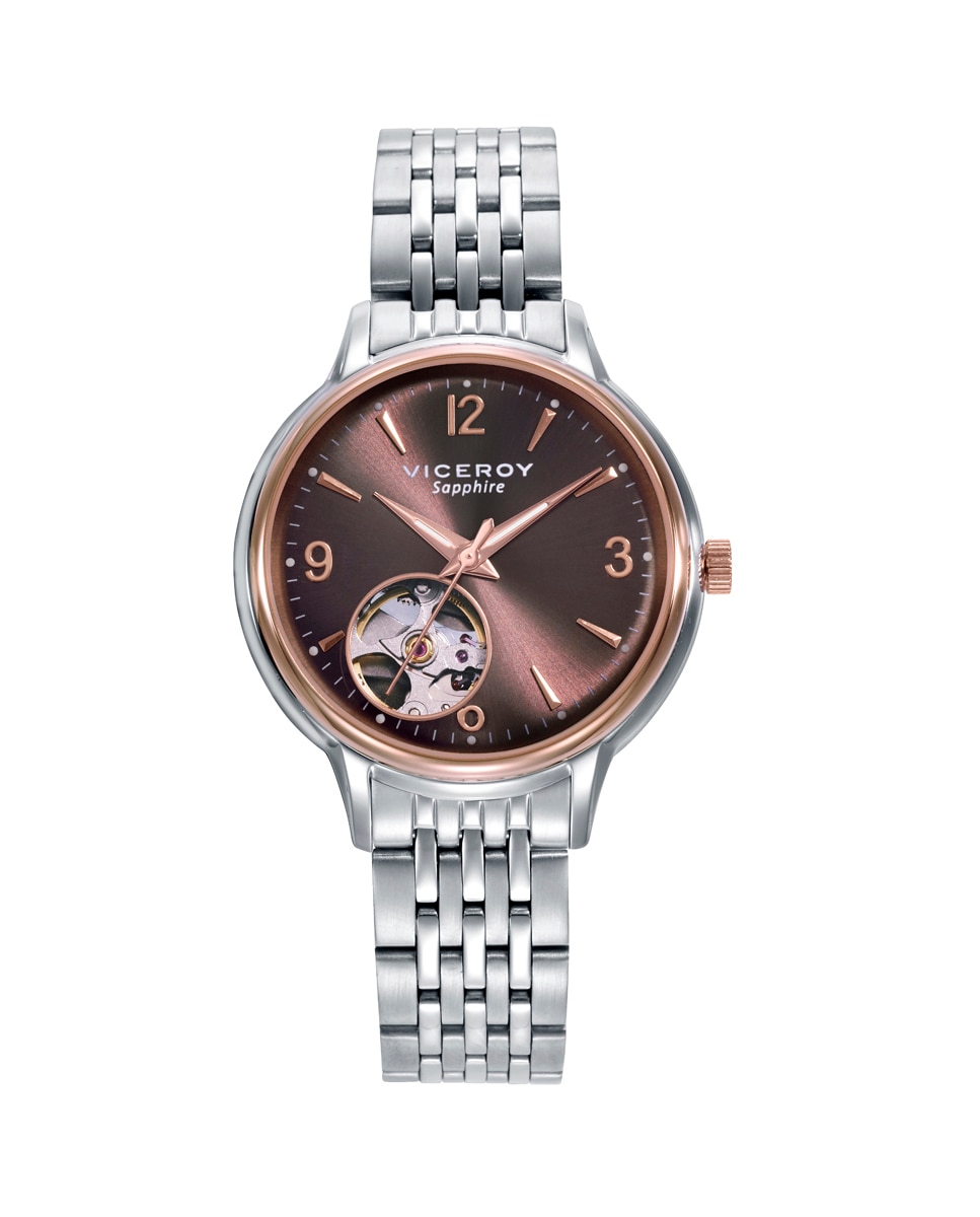 Relógio Automático Classic Caixa Bicolor de Aço e Ip Rosa com Bracelete de Aço Castanho-1