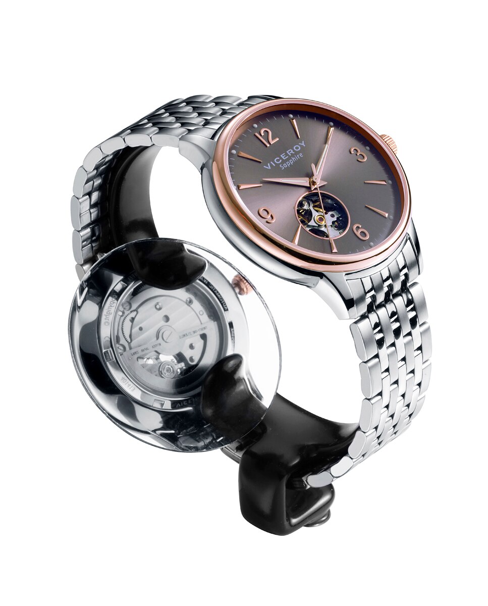 Relógio Automático Classic Caixa Bicolor de Aço e Ip Rosa com Bracelete de Aço Castanho-3