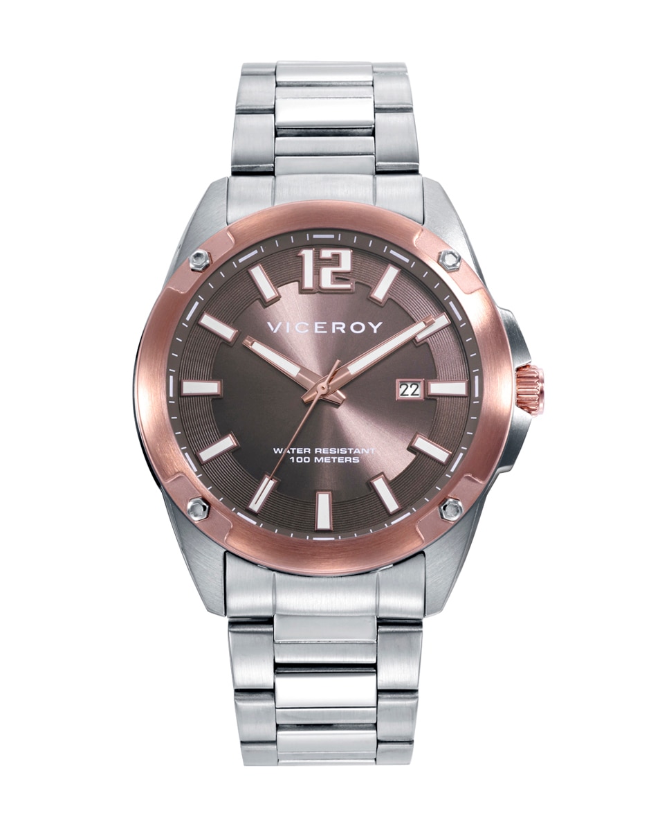 Relógio Analógico Magnum Caixa Bicolor de Aço e Ip Rosa com Bracelete de Aço Prata-1
