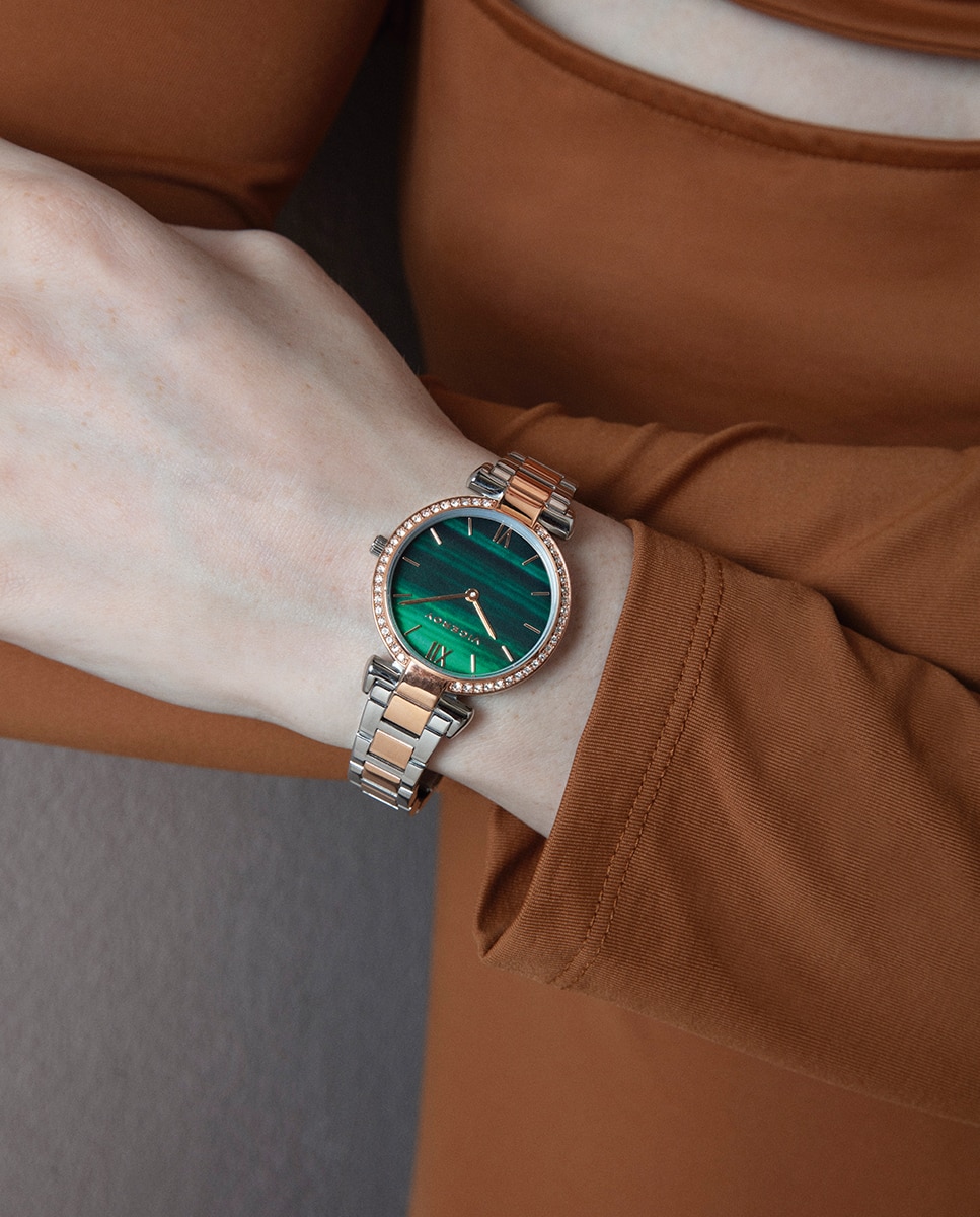 Relógio Analógico Chic com Caixa e Bracelete Bicolor em Aço e Ip Rosa Verde-3